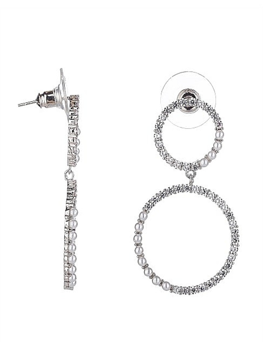 Clearance Gregory Ladner Double Circle Cz/Pearl Drop Earring Gregory Ladner Limited Edition Rhodium