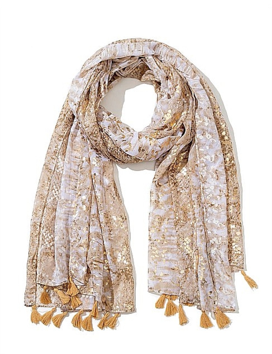 Hot Gregory Ladner Animal Print Scarf With Foil And Tassles Gregory Ladner Cheap Gold